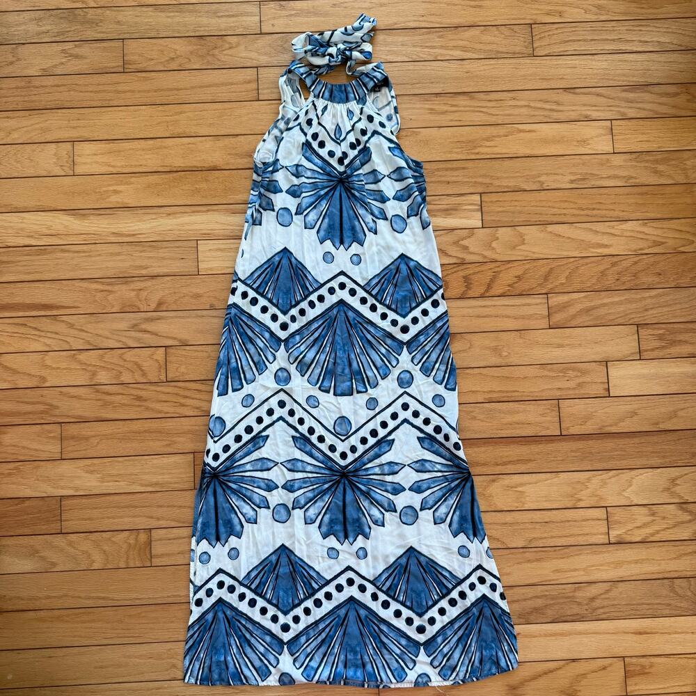 MSK Blue and White Ikat Print Halter Maxi Dress Small Boho Geometric Sundress